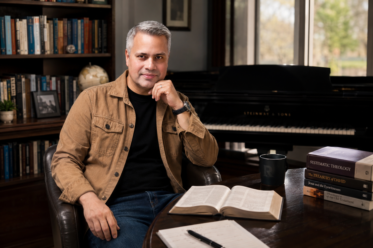 Bruno Miranda at his desk with open Bible and theological texts